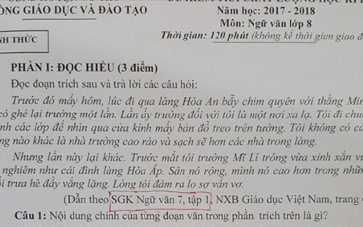 Nhầm kiến thức khi ra đề thi môn Ngữ văn lớp 8 ở Thái Bình