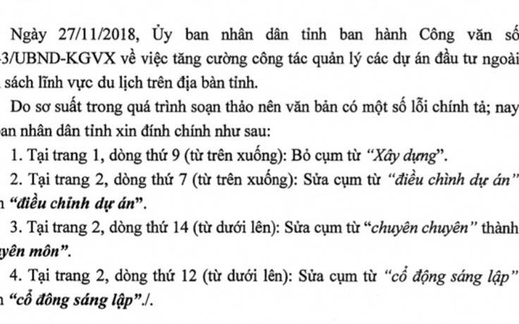 UBND tỉnh Khánh Hòa đính chính 'lỗi chính tả' văn bản