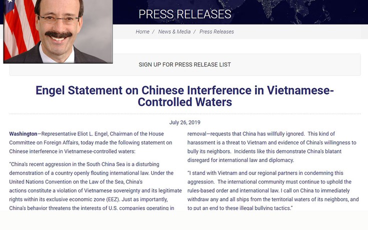 Chủ tịch Ủy ban Đối ngoại Hạ viện Mỹ Eliot L.Engel: Tôi ủng hộ Việt Nam