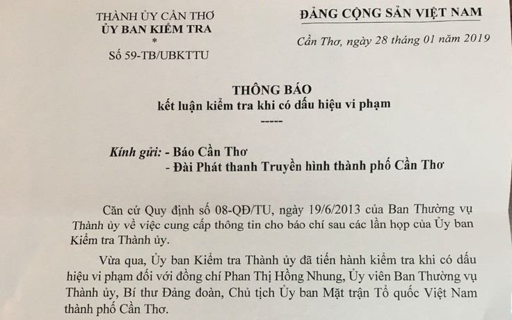 Kỷ luật cảnh cáo Chủ tịch UB MTTQ Việt Nam TP.Cần Thơ
