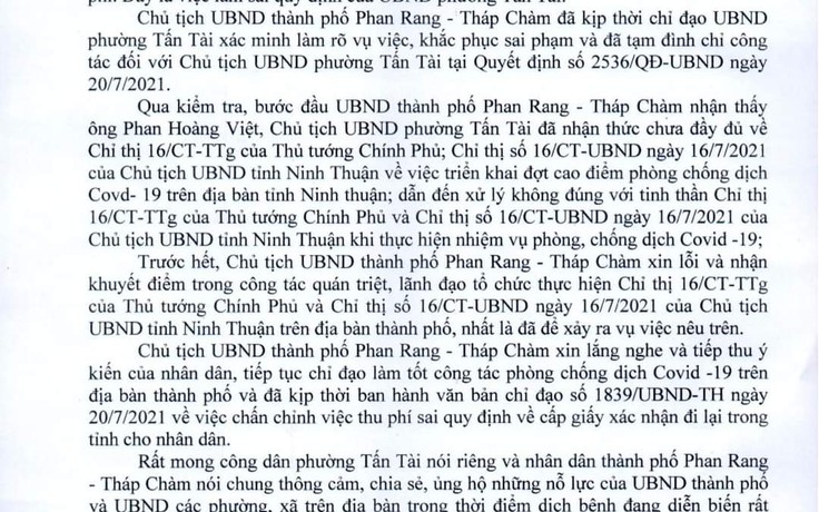 Chủ tịch TP.Phan Rang - Tháp Chàm gửi thư xin lỗi người dân bị phường thu phí ra đường