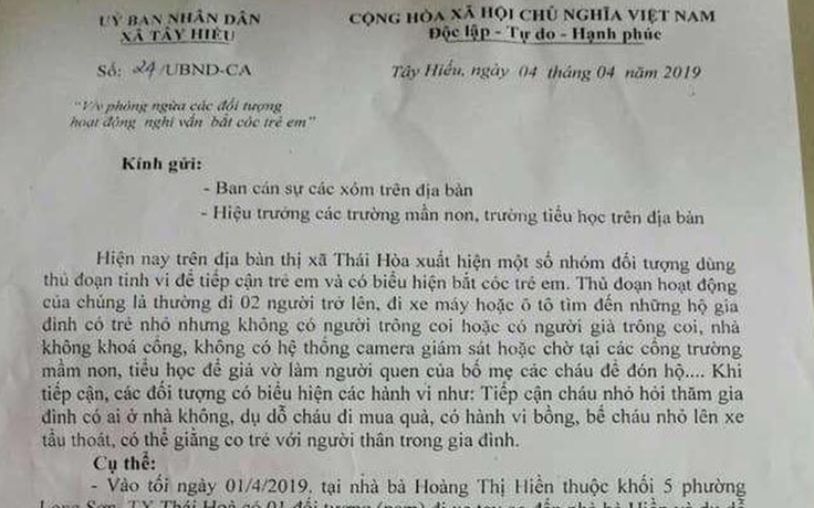 Chính quyền phát văn bản cảnh báo nạn bắt cóc trẻ em