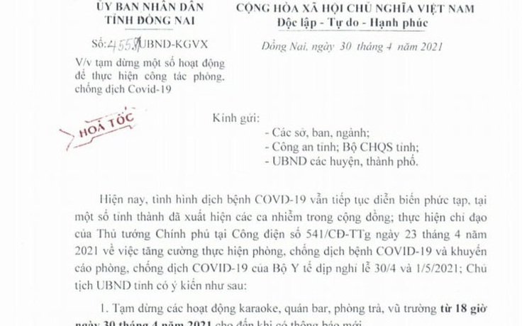Phòng chống Covid-19, Đồng Nai tạm ngưng hoạt động karaoke từ 18 giờ ngày 30.4