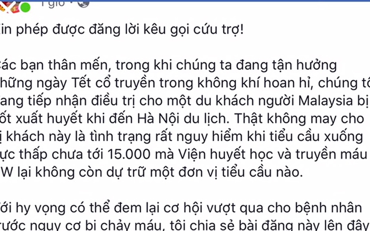 Kêu gọi hiến máu cứu du khách Malaysia giảm tiểu cầu do sốt xuất huyết