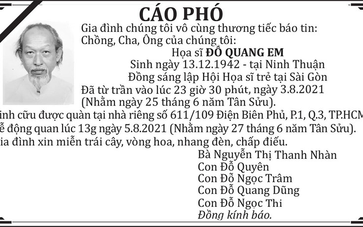 Cáo phó Họa sĩ Đỗ Quang Em