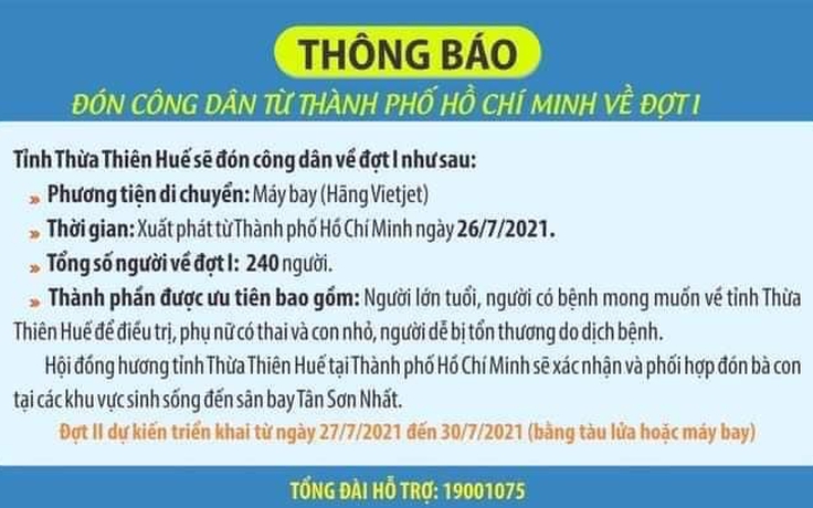 Thừa Thiên- Huế: Đón 240 công dân từ TP.HCM về bằng máy bay trong ngày 26.7