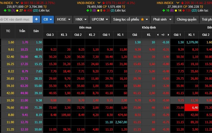 Hàng loạt cổ phiếu lao dốc đẩy VN-Index rớt sâu dưới 980 điểm