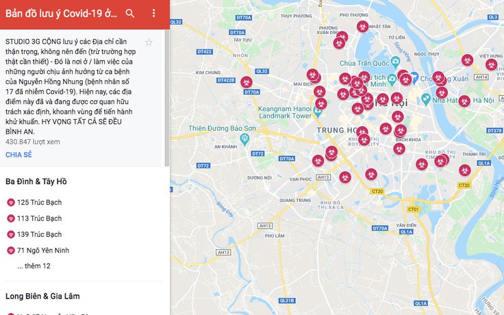 Bản đồ dịch Covid-19 tại Hà Nội trên Google gây hoang mang