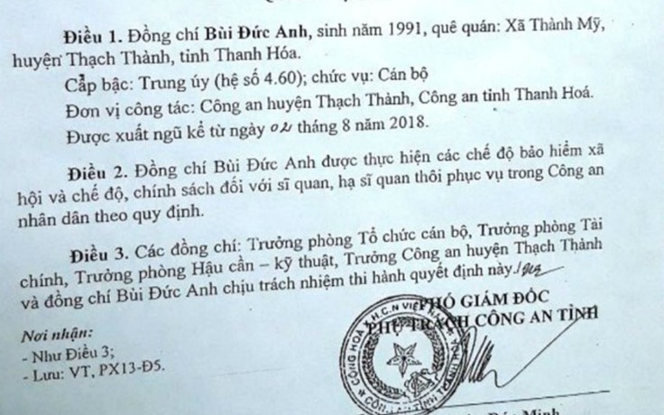 Vụ trung úy công an bị cho xuất ngũ: Do cán bộ thẩm tra mắc sai phạm