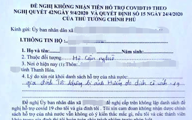 Thanh Hóa bỏ mẫu đơn 'tự nguyện không nhận tiền hỗ trợ' do chính quyền in sẵn