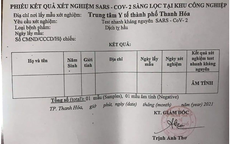 Thanh Hóa yêu cầu kiểm điểm vụ phiếu xét nghiệm âm tính cấp khống