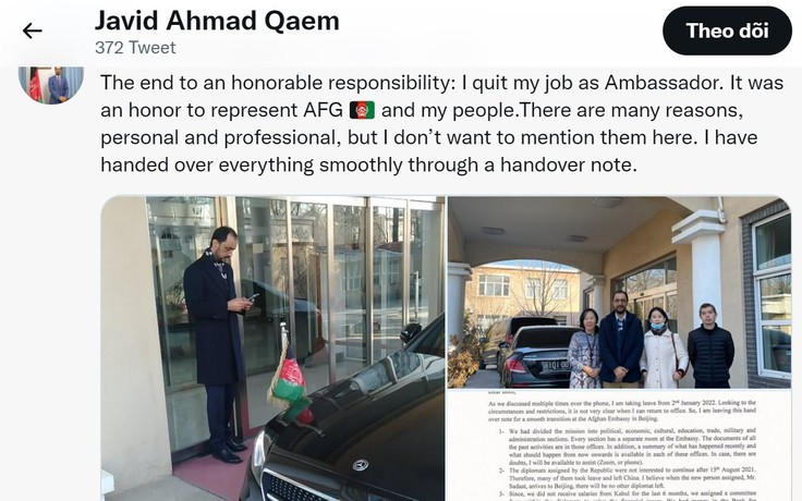 Đại sứ Afghanistan tại Trung Quốc từ chức sau 6 tháng không lương