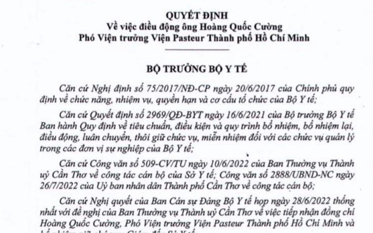 Điều động Phó viện trưởng Viện Pasteur TP.HCM làm Giám đốc Sở Y tế Cần Thơ