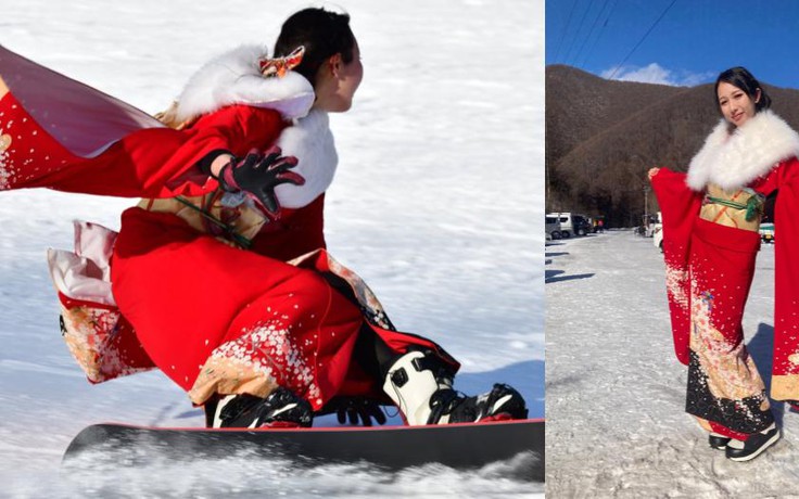 Cô gái 'hút hồn' dân mạng với màn trượt tuyết trong trang phục kimono truyền thống