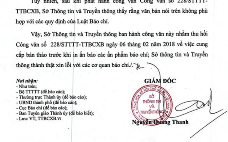 Sở TT-TT Đà Nẵng xin lỗi, thu hồi công văn trái luật