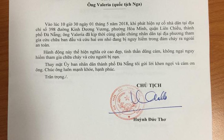 Chủ tịch UBND TP.Đà Nẵng gửi thư khen 2 người nước ngoài tham gia cứu 2 em nhỏ kẹt trong đám cháy