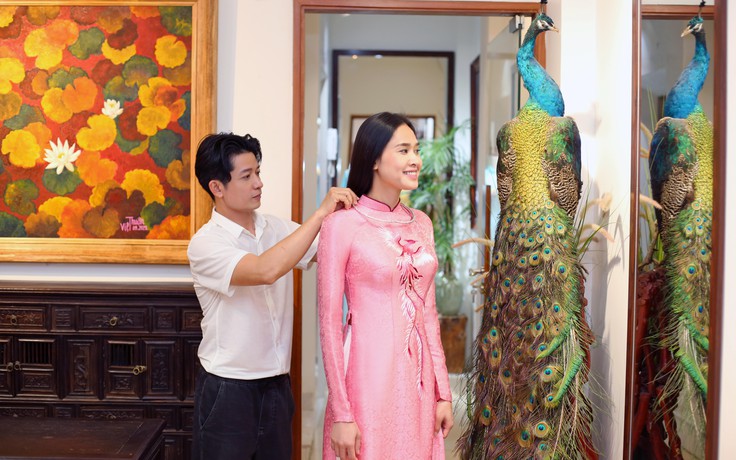 Hoa hậu Dương Mỹ Linh mặc áo dài thêu Thuận Việt tại lễ cưới ở Bến Tre