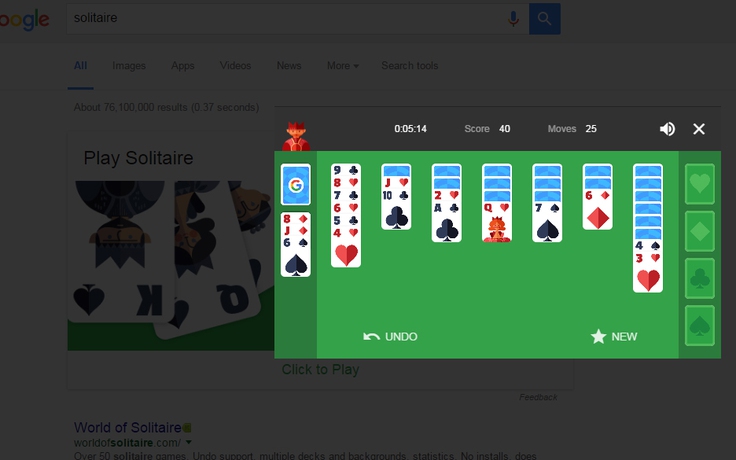 Google cho chơi trò đánh bài Solitaire và cờ ca-rô trên công cụ tìm kiếm