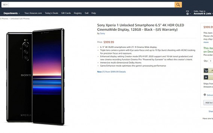 Sony Xperia 1 được bán với giá đến 1.000 USD trên Amazon