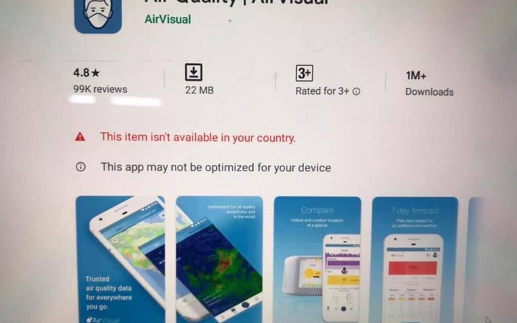 Ứng dụng kiểm tra mức độ ô nhiễm không khí AirVisual 'biến mất' tại Việt Nam
