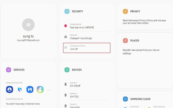 Ứng dụng Samsung Account yêu cầu xác thực hai yếu tố