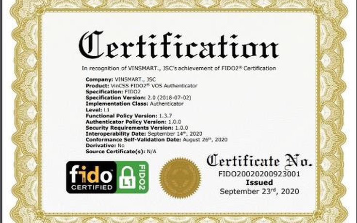 Hệ điều hành VOS của VinSmart đạt chuẩn bảo mật FIDO2