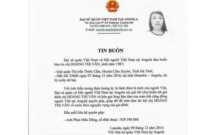 Một lao động Việt Nam bị cướp đốt chết tại Angola
