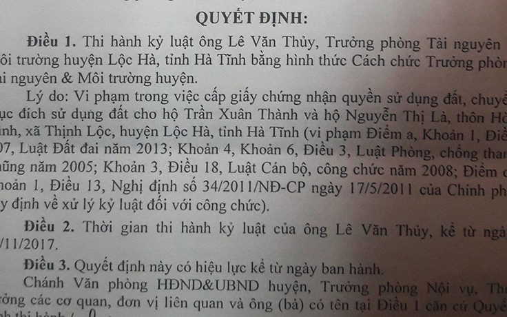 Cách chức Trưởng phòng Tài nguyên - Môi Trường huyện vì 'cuỗm' đất vàng của dân