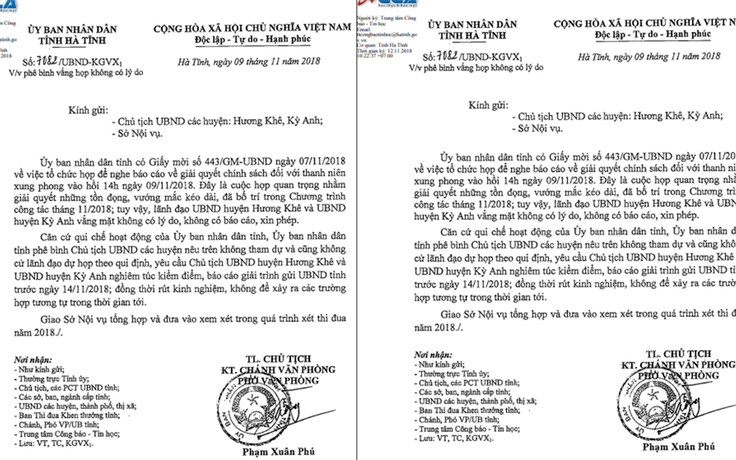 Hà Tĩnh phê bình 2 chủ tịch huyện vắng họp không lý do