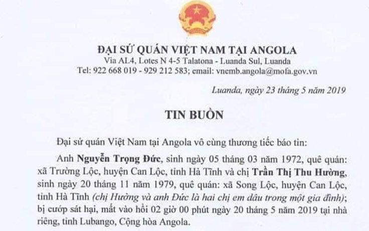 Hai lao động Việt Nam bị cướp sát hại tại Angola