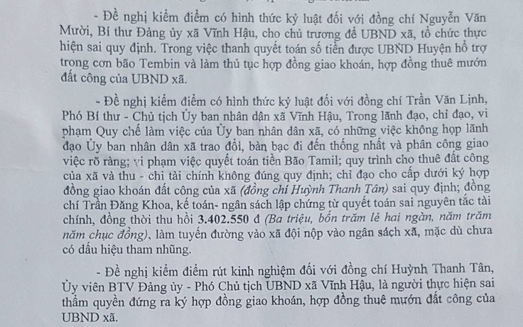 Cách chức Phó bí thư Đảng ủy đối với Chủ tịch xã thanh toán khống tiền chống bão