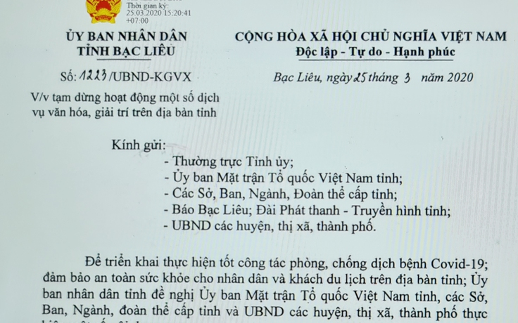 Bạc Liêu: Ngày mai (26.3), hạn chế tối đa tập trung trên 50 người