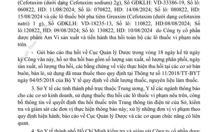 6 lô thuốc bột pha tiêm bị thu hồi trên toàn quốc