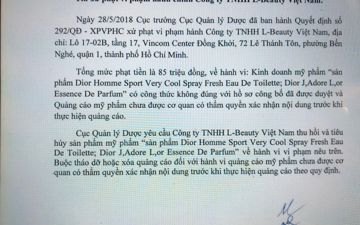 Phạt hành chính Công ty kinh doanh mỹ phẩm Dior vi phạm về quảng cáo