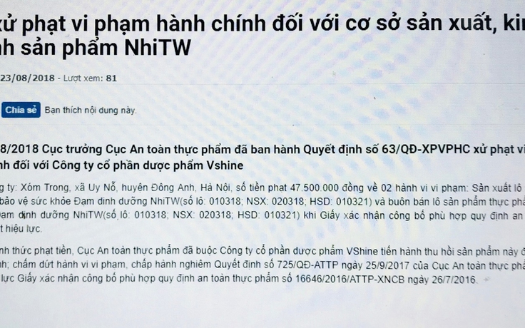 Thu hồi lô thực phẩm bảo vệ sức khỏe Đạm dinh dưỡng Nhi TW