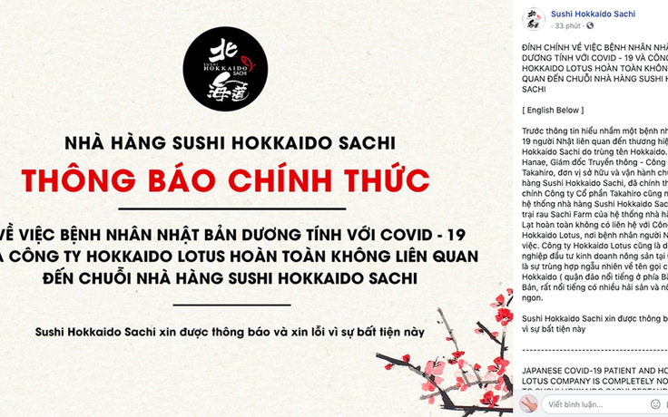 Sushi Hokkaido Sachi đính chính thông tin nhân viên người Nhật nhiễm Covid-19