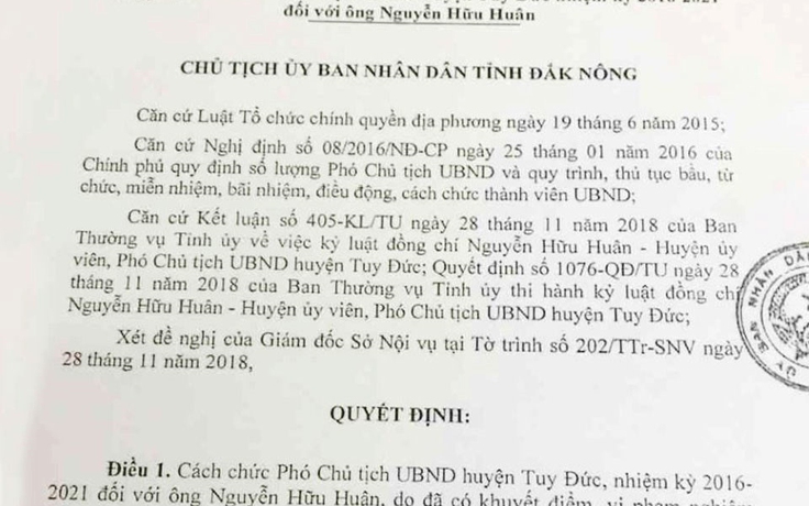 Cách chức Phó chủ tịch UBND H.Tuy Đức, Đắk Nông