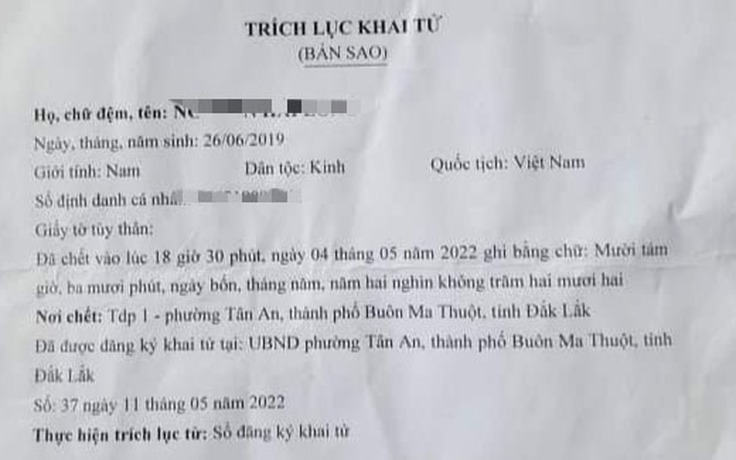 Đắk Lắk: Mẹ đến phường khai tử con trai 3 tuổi đang còn sống