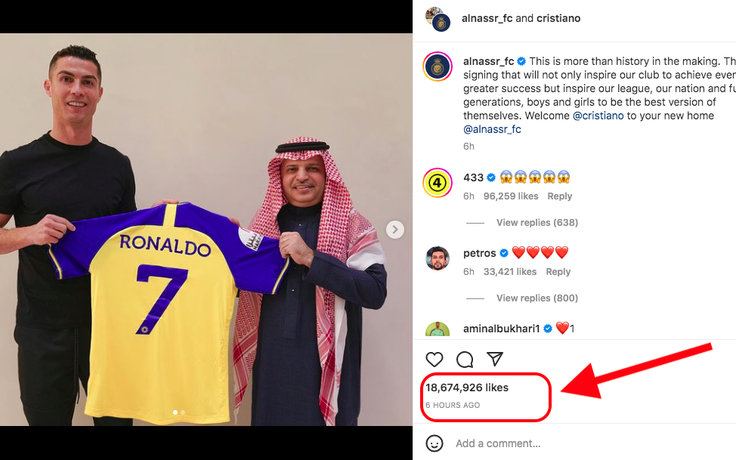 Cristiano Ronaldo 'rót' gần 2 triệu theo dõi trang Instagram cho Al-Nassr