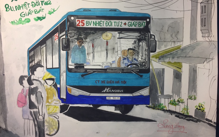 Bộ tranh vẽ về xe buýt Hà Nội lay động trái tim nhiều người