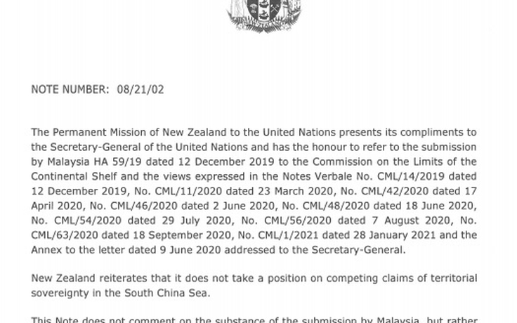 New Zealand gửi công hàm về Biển Đông lên Liên Hiệp Quốc