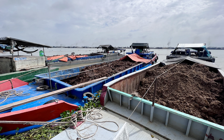 Nhiều sà lan chở đất trái phép trên tuyến kênh Mặc Cần Dưng từ Kiên Giang về An Giang