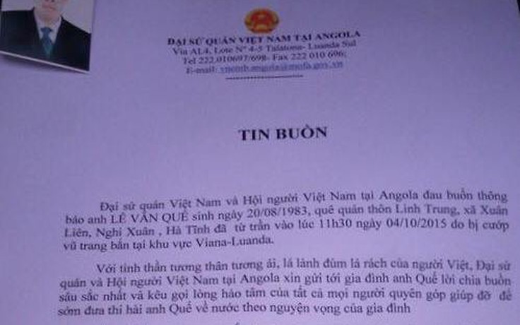 Một lao động Việt Nam bị bắn chết ở Angola