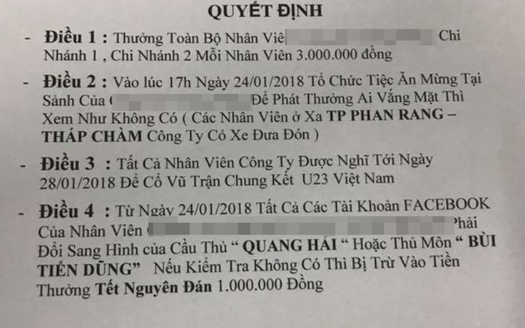 Thưởng mỗi nhân viên 3 triệu đồng vì U.23 Việt Nam vào chung kết