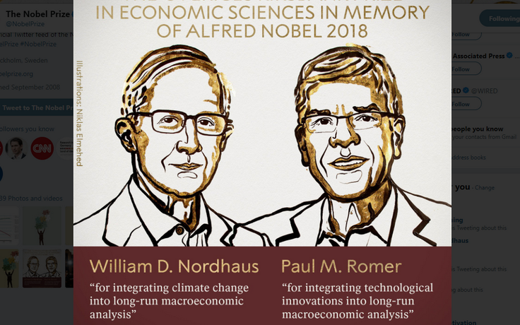 Nobel Kinh tế 2018 cho giải pháp tăng trưởng bền vững và bảo vệ phúc lợi