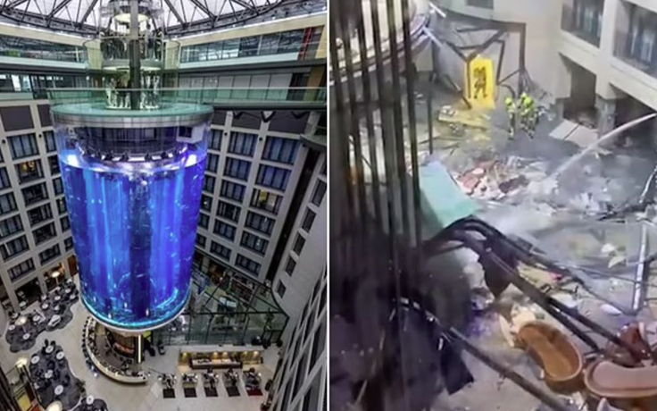 Bể cá hình trụ độc lập lớn nhất thế giới nổ tung trong khách sạn Berlin