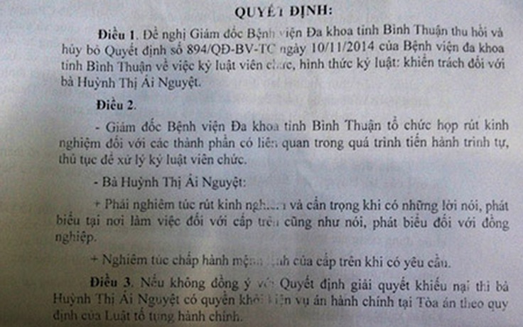 Thu hồi quyết định kỷ luật điều dưỡng nói bâng quơ ‘ăn ở không có đức’