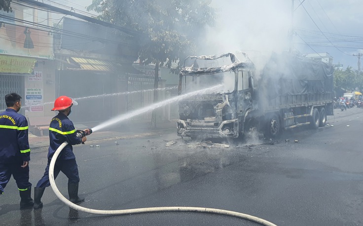 Tiền Giang: Xe tải chở bia lon bốc cháy, người dân phụ cứu hàng