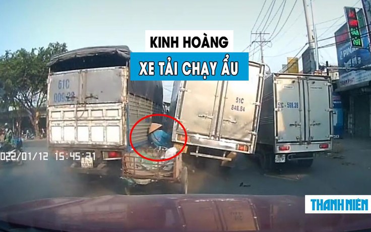 Kinh hoàng xe tải chạy ẩu, suýt ‘kẹp’ chết người đàn ông lái xe ba gác