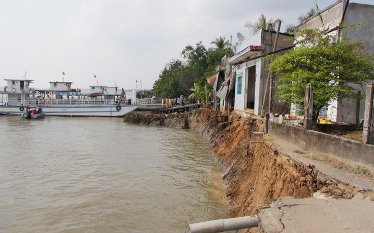 Vĩnh Long: Phà va vào bờ gây sạt lở, 6 căn nhà đổ sụp xuống sông Hậu